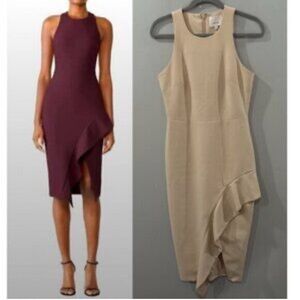 Cinq à Sept piper ruffle sheath dress in beige sand Cream Asymmetrical Dress